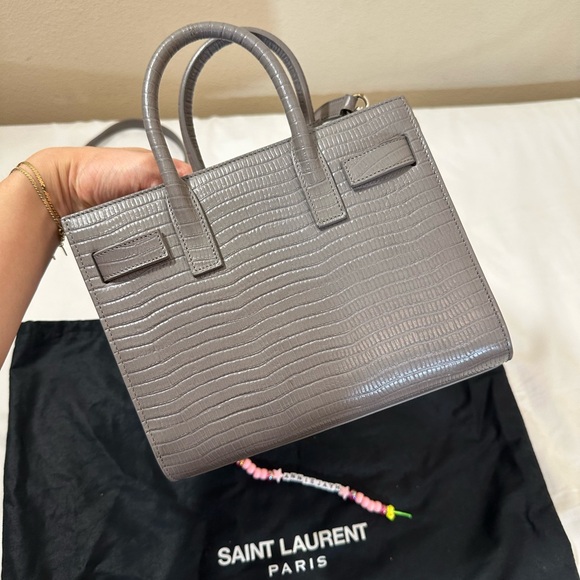 YSL Saint Laurent Lizard Embossed Calfskin Nano Sac De Jour in Fog Gray, NWOT - Picture 7 of 12